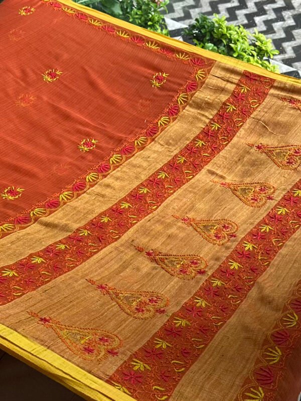 Rust Shade Silk Gheecha Palla Kota Chikankari Saree - Image 7