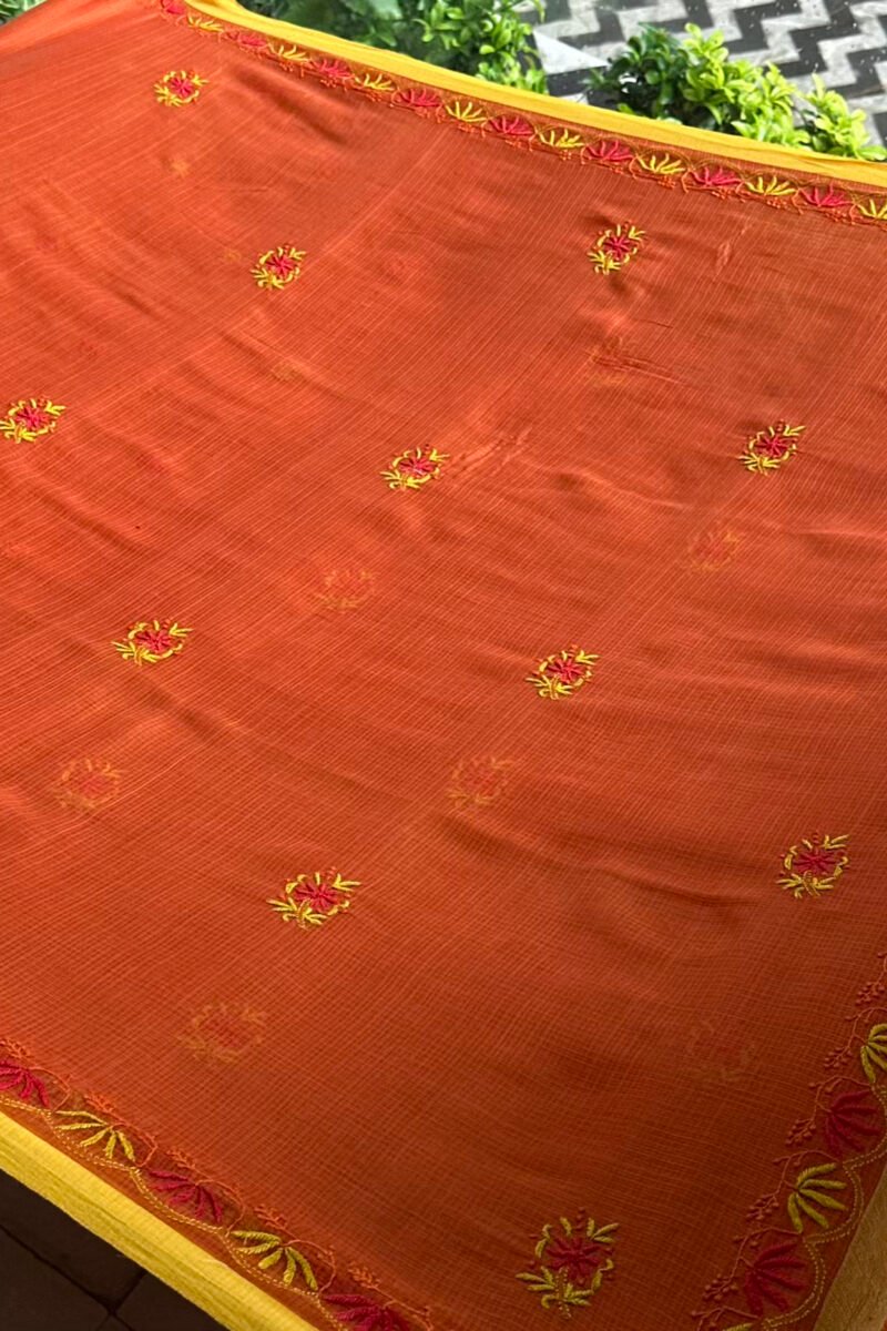Rust Shade Silk Gheecha Palla Kota Chikankari Saree