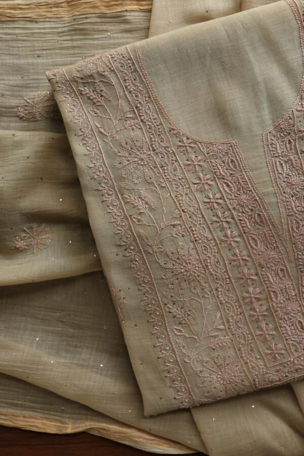Sage Brown Mul Cotton Fine Chikankari With Kamdani Work Unstitched Fabric - Image 2