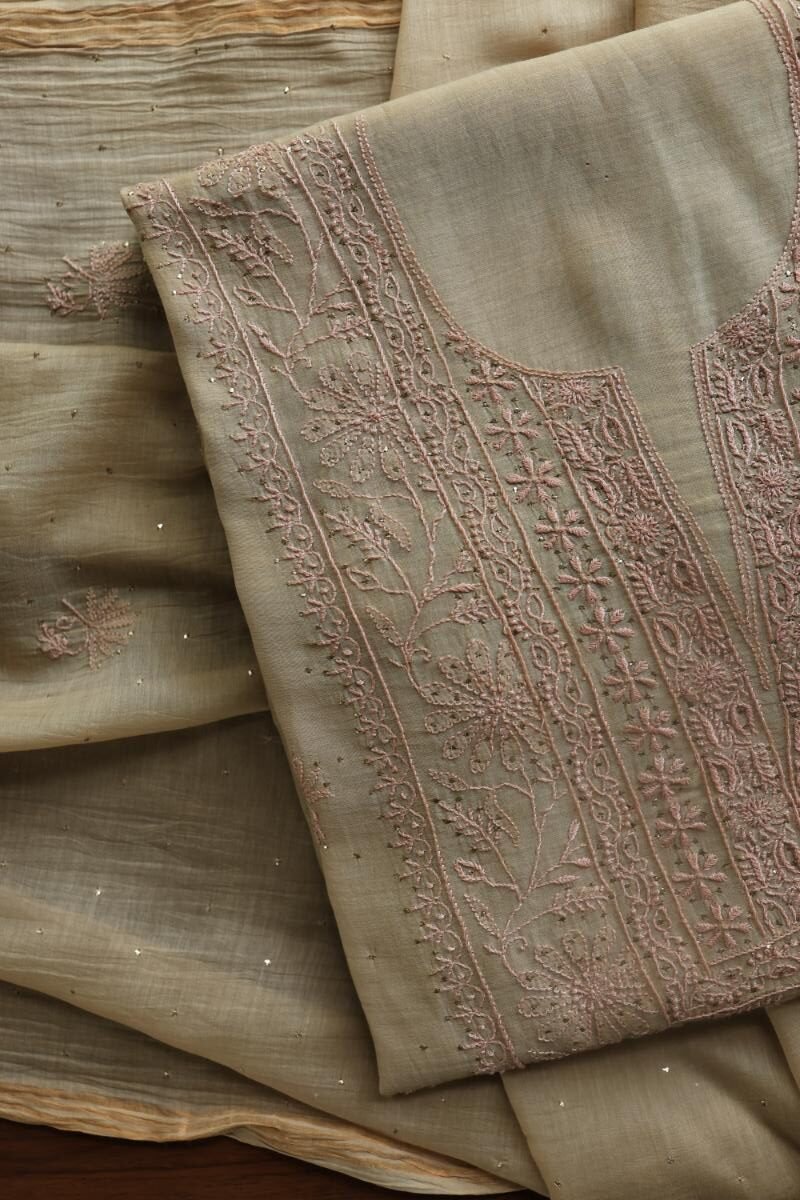 Sage Brown Mul Cotton Fine Chikankari With Kamdani Work Unstitched Fabric