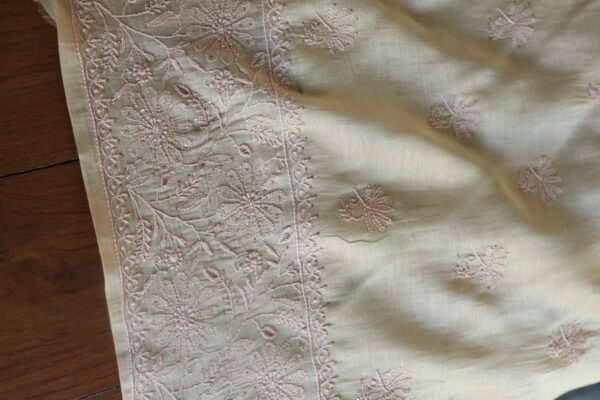 Sage Brown Mul Cotton Fine Chikankari With Kamdani Work Unstitched Fabric - Image 13