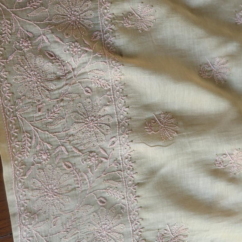 Sage Brown Mul Cotton Fine Chikankari With Kamdani Work Unstitched Fabric
