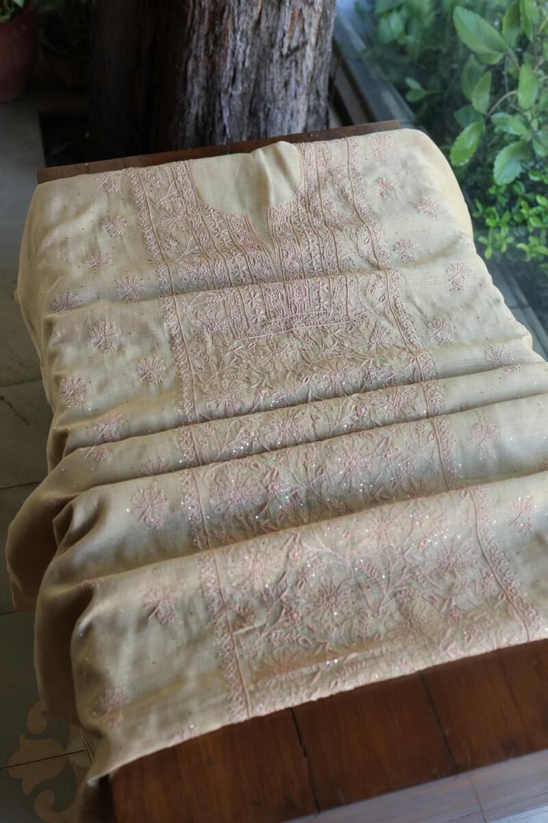 Sage Brown Mul Cotton Fine Chikankari With Kamdani Work Unstitched Fabric