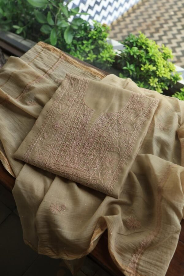 Sage Brown Mul Cotton Fine Chikankari With Kamdani Work Unstitched Fabric - Image 7