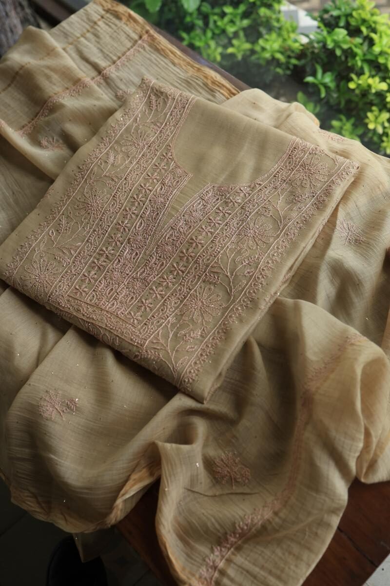 Sage Brown Mul Cotton Fine Chikankari With Kamdani Work Unstitched Fabric