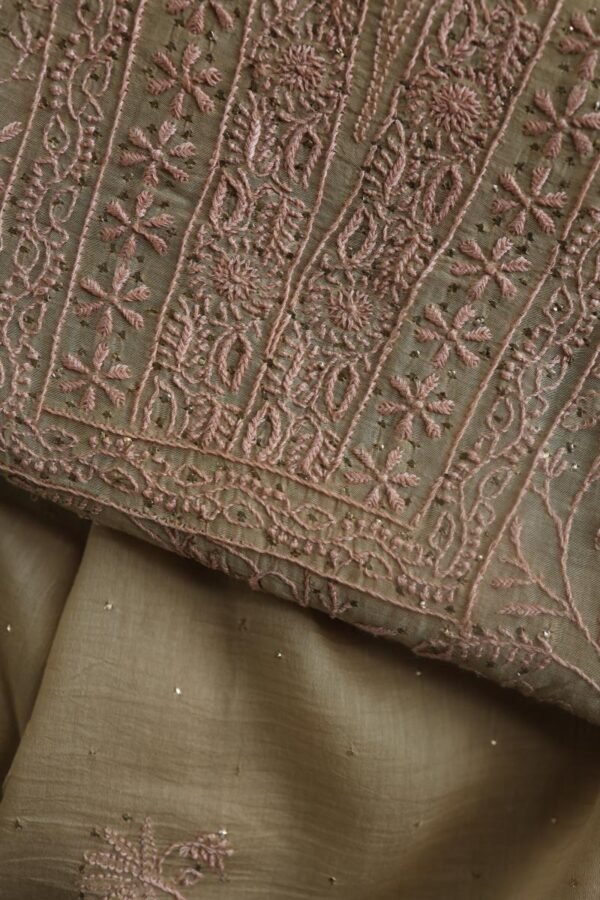 Sage Brown Mul Cotton Fine Chikankari With Kamdani Work Unstitched Fabric - Image 4