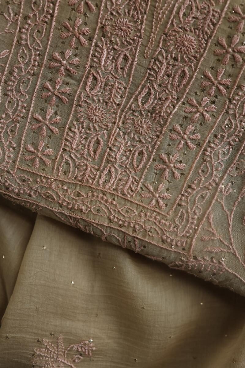 Sage Brown Mul Cotton Fine Chikankari With Kamdani Work Unstitched Fabric