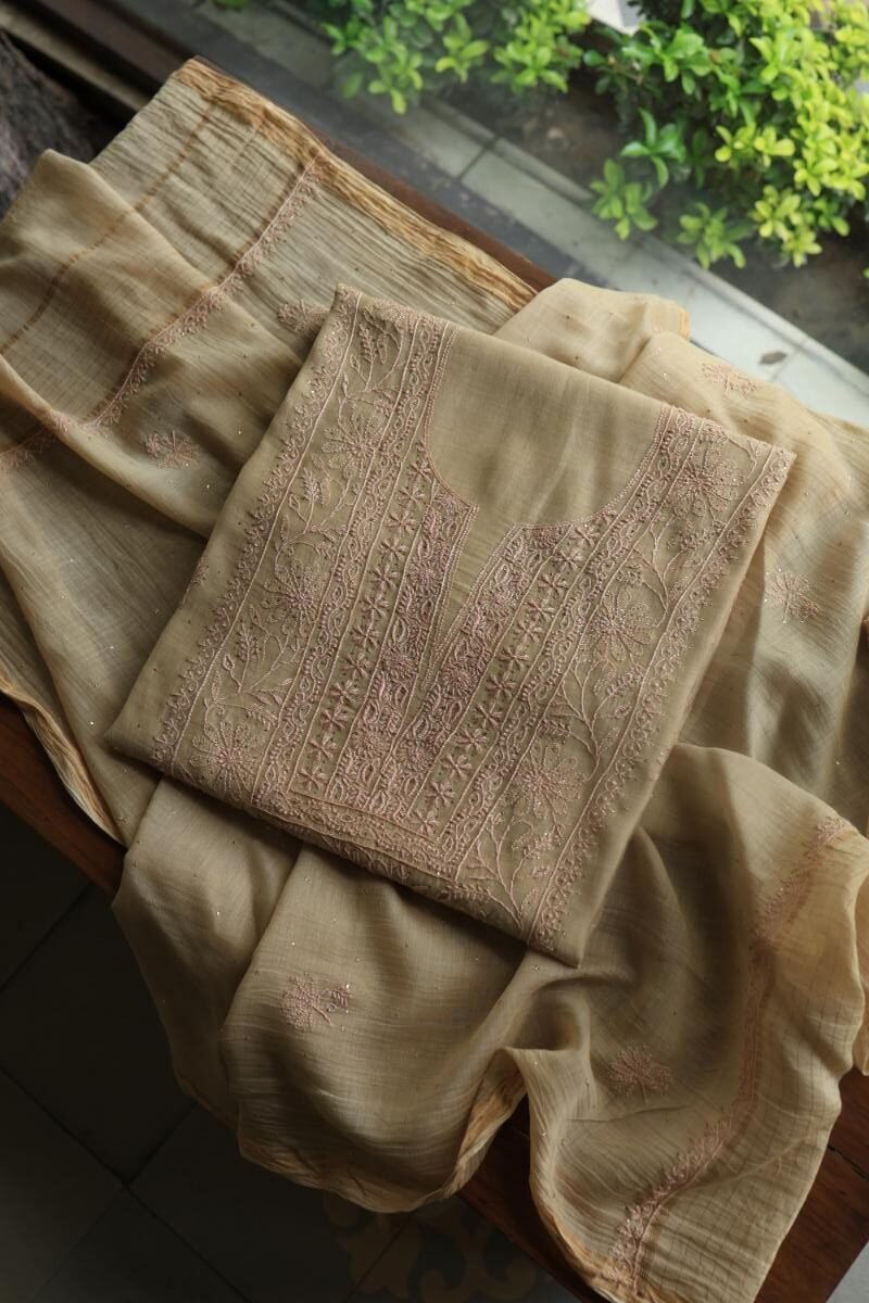 Sage Brown Mul Cotton Fine Chikankari With Kamdani Work Unstitched Fabric