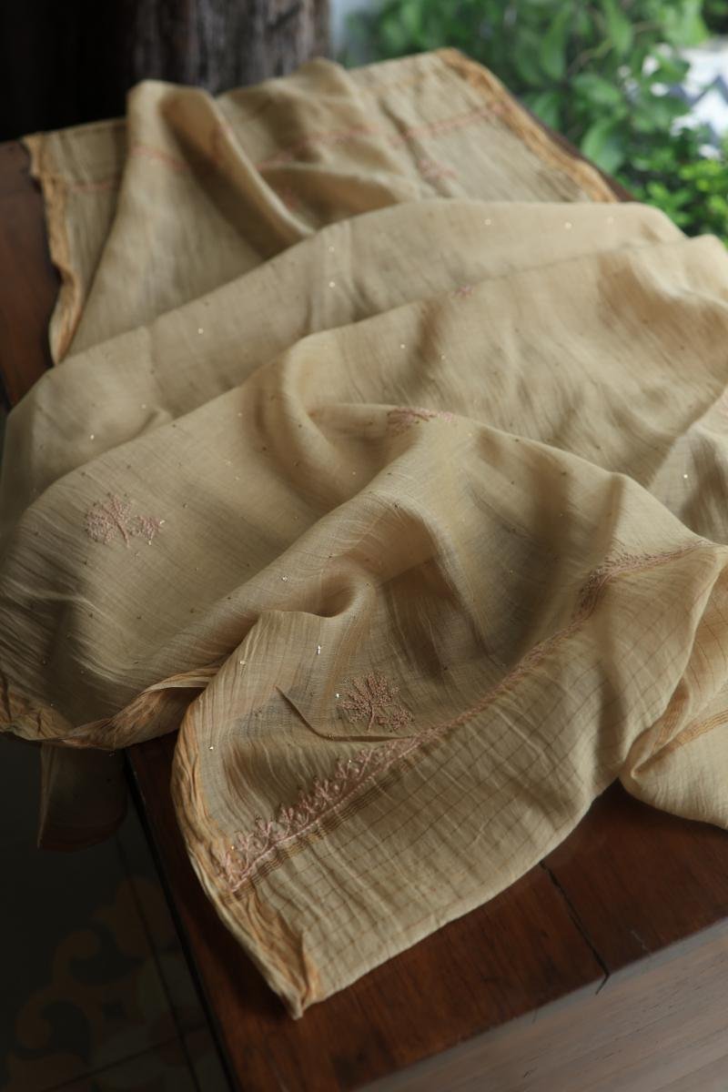 Sage Brown Mul Cotton Fine Chikankari With Kamdani Work Unstitched Fabric