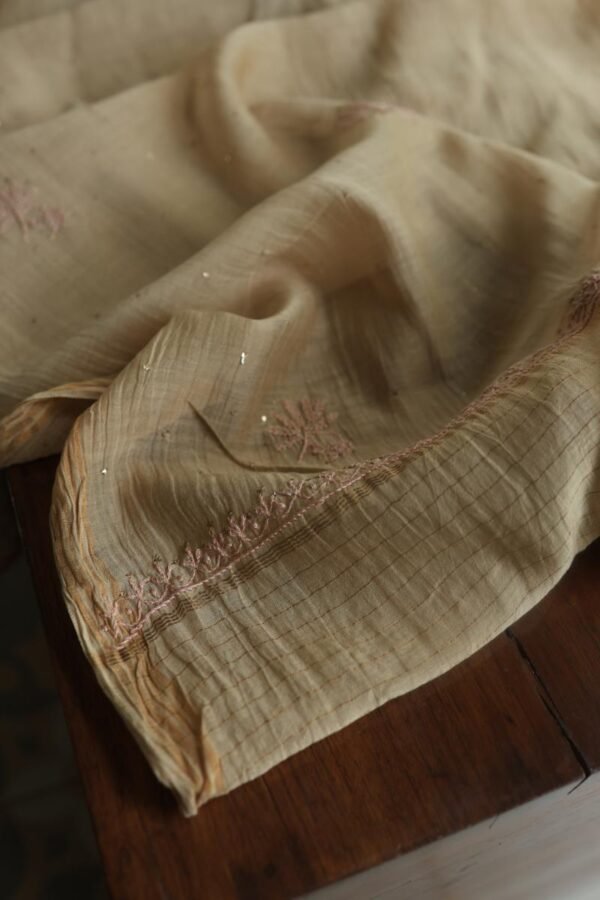 Sage Brown Mul Cotton Fine Chikankari With Kamdani Work Unstitched Fabric - Image 9