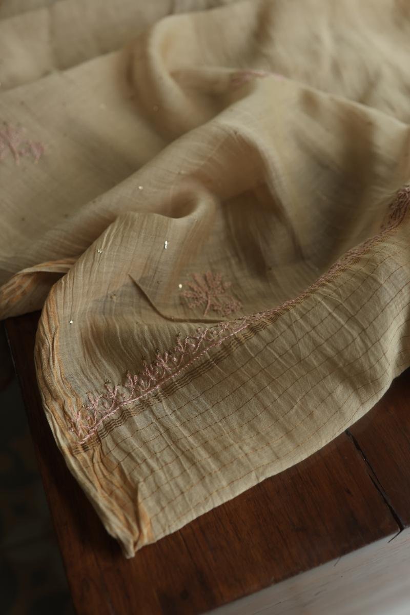 Sage Brown Mul Cotton Fine Chikankari With Kamdani Work Unstitched Fabric