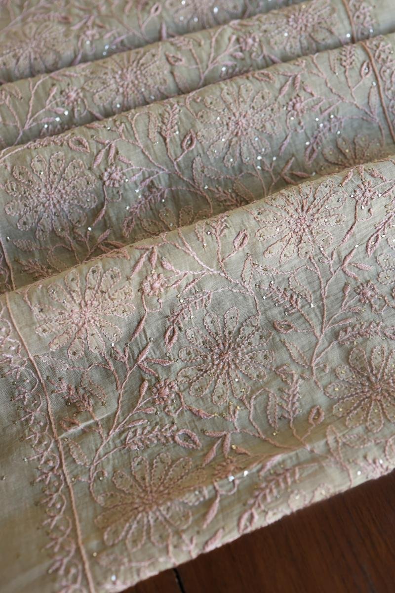 Sage Brown Mul Cotton Fine Chikankari With Kamdani Work Unstitched Fabric