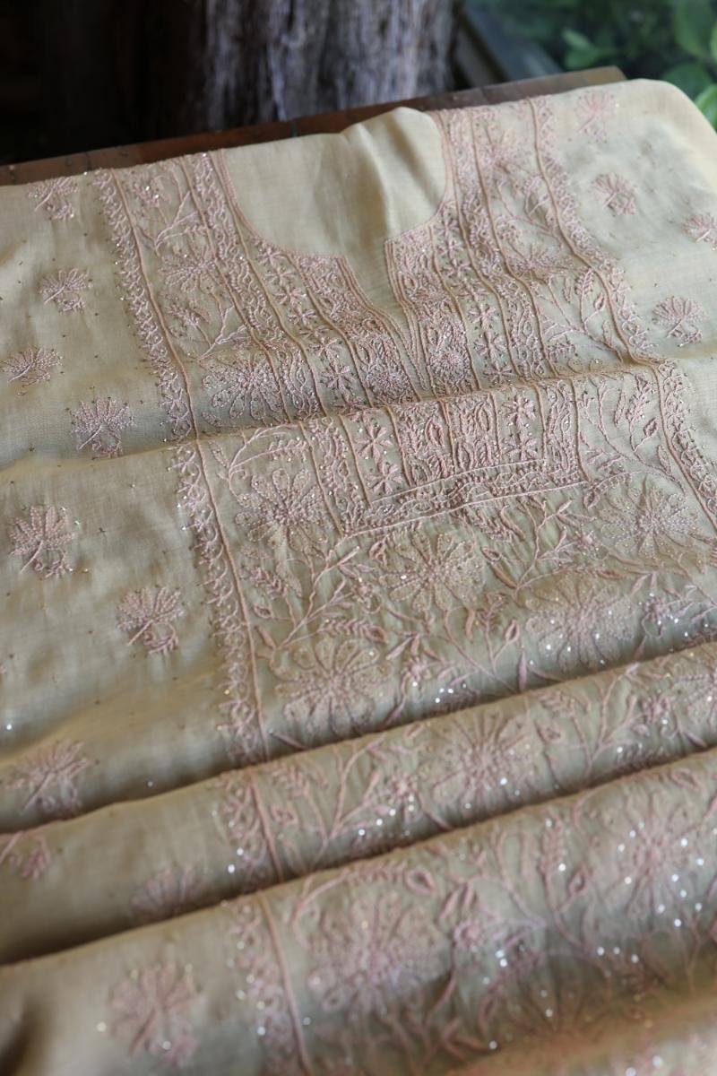 Sage Brown Mul Cotton Fine Chikankari With Kamdani Work Unstitched Fabric