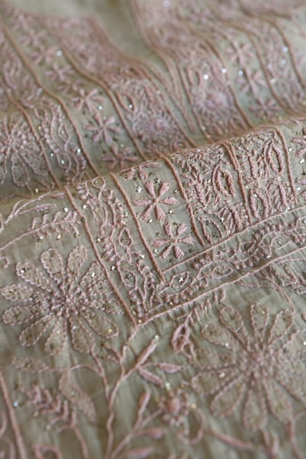 Sage Brown Mul Cotton Fine Chikankari With Kamdani Work Unstitched Fabric - Image 12