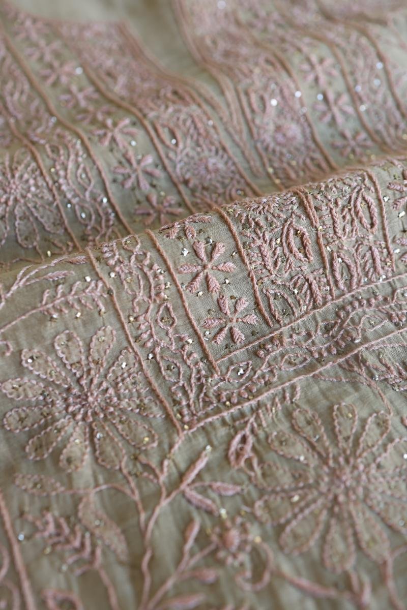 Sage Brown Mul Cotton Fine Chikankari With Kamdani Work Unstitched Fabric
