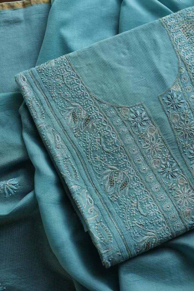 Sea Green Maheshwari Chikankari Unstitched Fabric