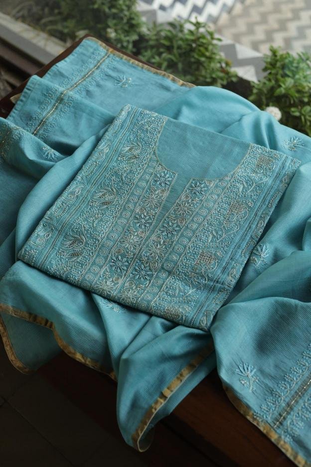 Sea Green Maheshwari Chikankari Unstitched Fabric