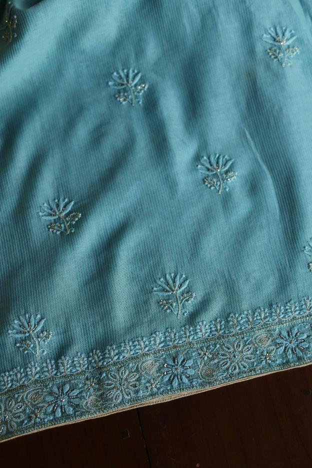 Sea Green Maheshwari Chikankari Unstitched Fabric
