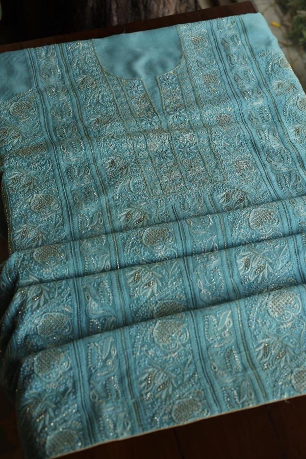Sea Green Maheshwari Chikankari Unstitched Fabric