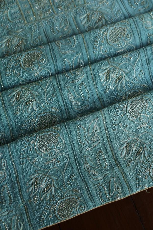 Sea Green Maheshwari Chikankari Unstitched Fabric