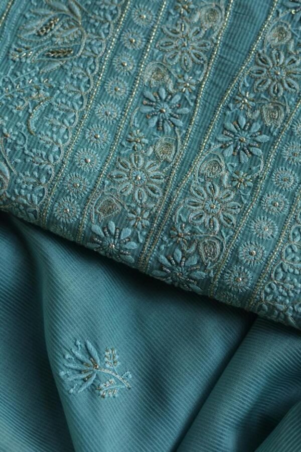 Sea Green Maheshwari Chikankari Unstitched Fabric - Image 6