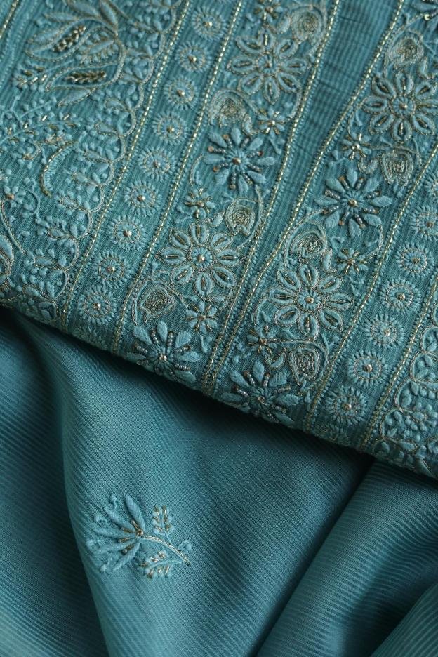 Sea Green Maheshwari Chikankari Unstitched Fabric
