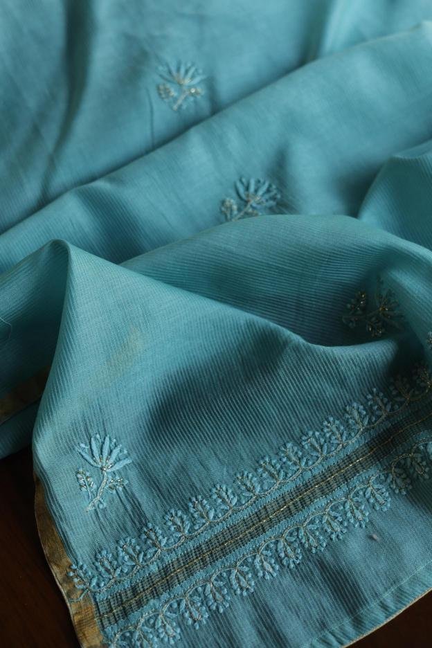 Sea Green Maheshwari Chikankari Unstitched Fabric