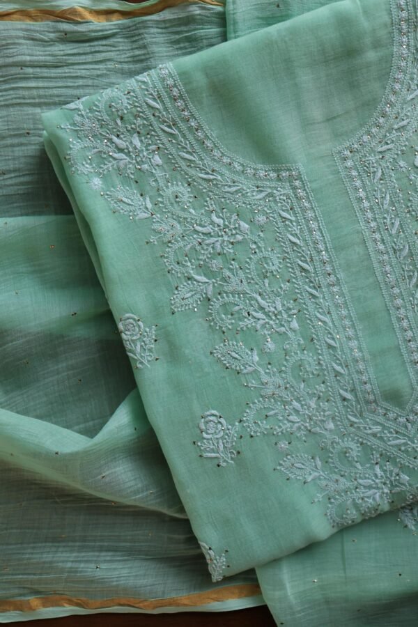 Sea Green Mal Cotton Chikankari Unstitched Kurta Dupatta Fabrics With Kamdani - Image 4