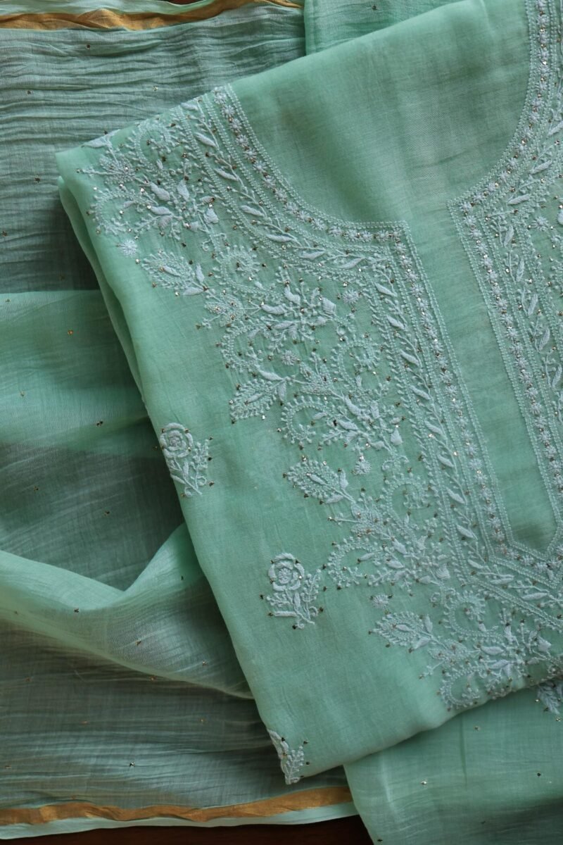 Sea Green Mal Cotton Chikankari Unstitched Kurta Dupatta Fabrics With Kamdani