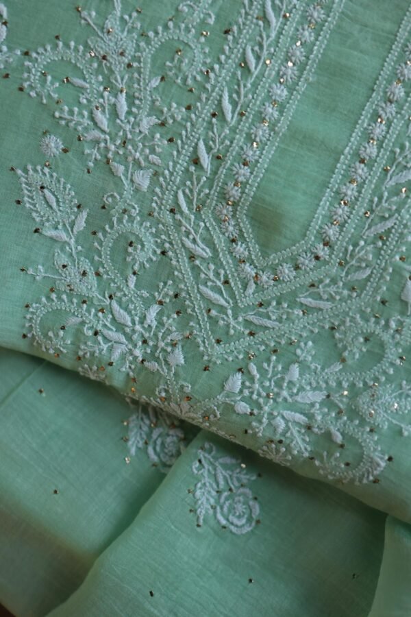 Sea Green Mal Cotton Chikankari Unstitched Kurta Dupatta Fabrics With Kamdani - Image 2