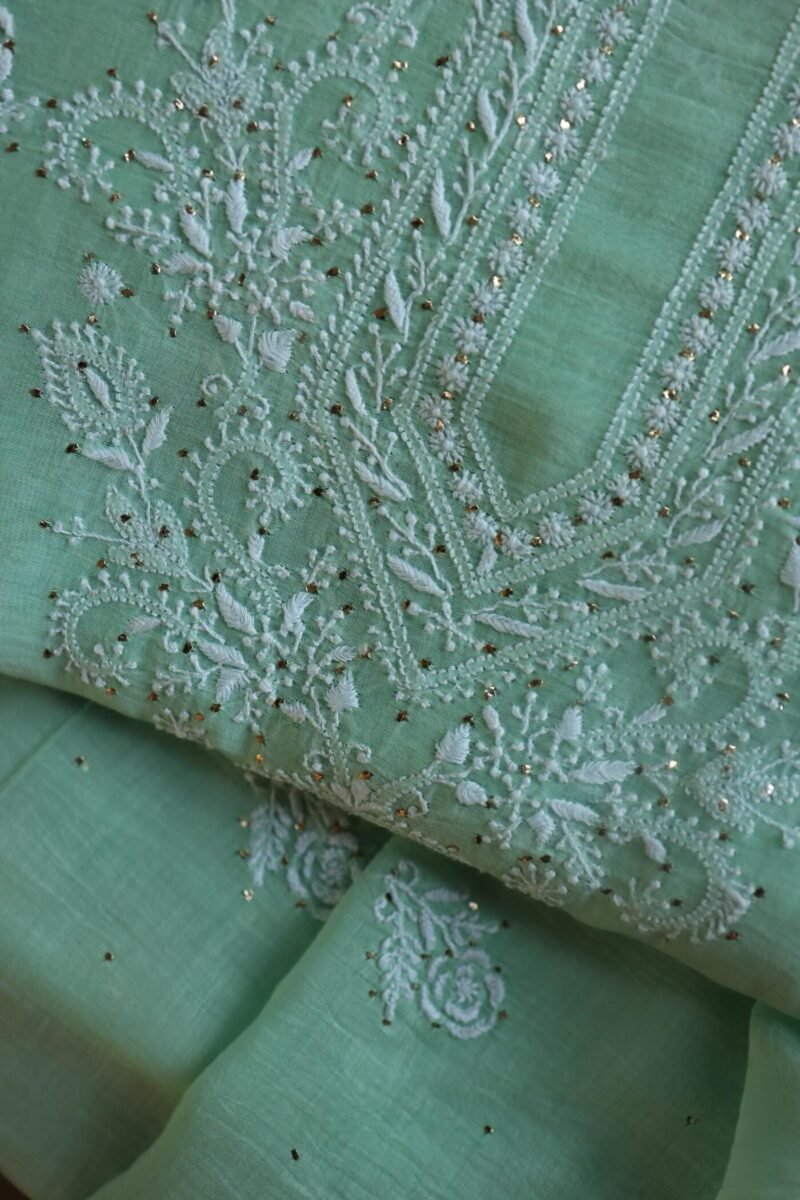 Sea Green Mal Cotton Chikankari Unstitched Kurta Dupatta Fabrics With Kamdani