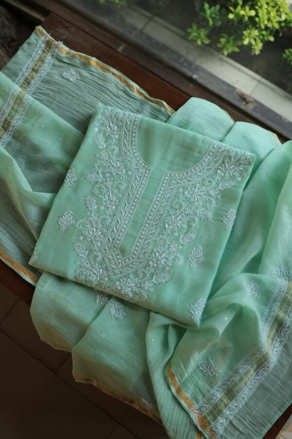 Sea Green Mal Cotton Chikankari Unstitched Kurta Dupatta Fabrics With Kamdani