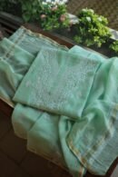 Sea Green Mal Cotton Chikankari Unstitched Kurta Dupatta Fabrics With Kamdani