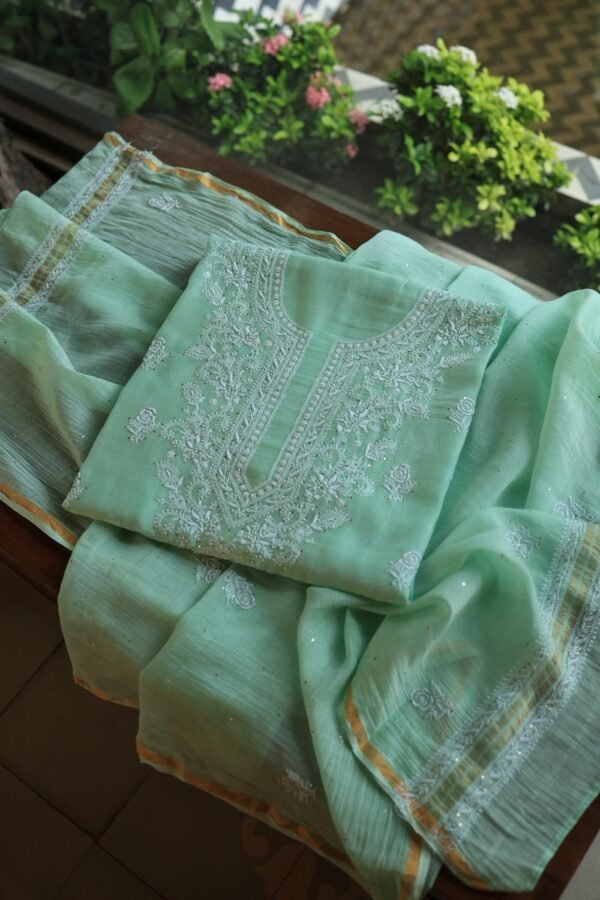 Sea Green Mal Cotton Chikankari Unstitched Kurta Dupatta Fabrics With Kamdani - Image 6