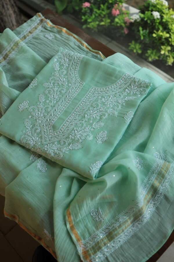 Sea Green Mal Cotton Chikankari Unstitched Kurta Dupatta Fabrics With Kamdani - Image 5