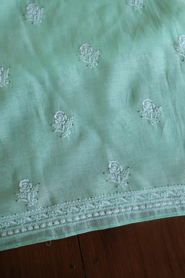 Sea Green Mal Cotton Chikankari Unstitched Kurta Dupatta Fabrics With Kamdani - Image 7