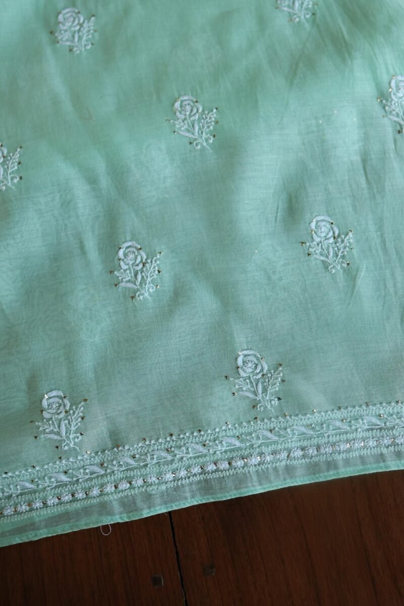Sea Green Mal Cotton Chikankari Unstitched Kurta Dupatta Fabrics With Kamdani