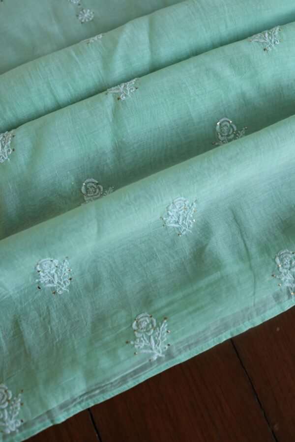 Sea Green Mal Cotton Chikankari Unstitched Kurta Dupatta Fabrics With Kamdani - Image 9