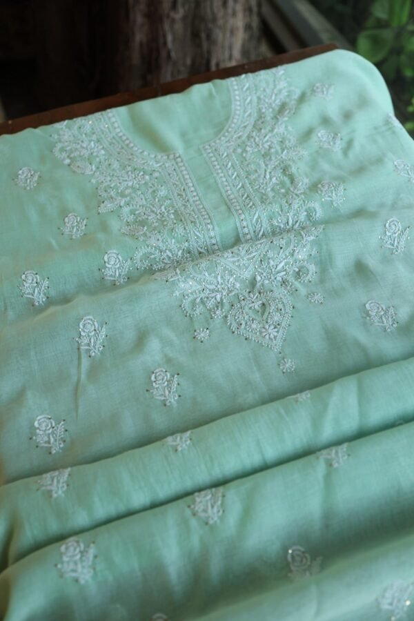 Sea Green Mal Cotton Chikankari Unstitched Kurta Dupatta Fabrics With Kamdani - Image 10