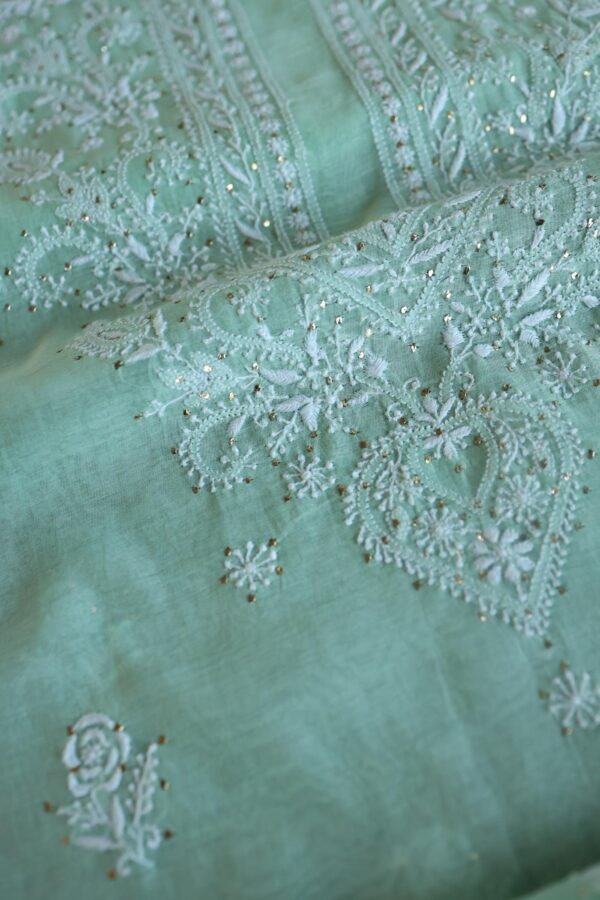 Sea Green Mal Cotton Chikankari Unstitched Kurta Dupatta Fabrics With Kamdani - Image 11