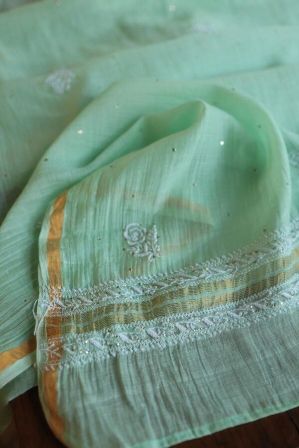 Sea Green Mal Cotton Chikankari Unstitched Kurta Dupatta Fabrics With Kamdani - Image 13