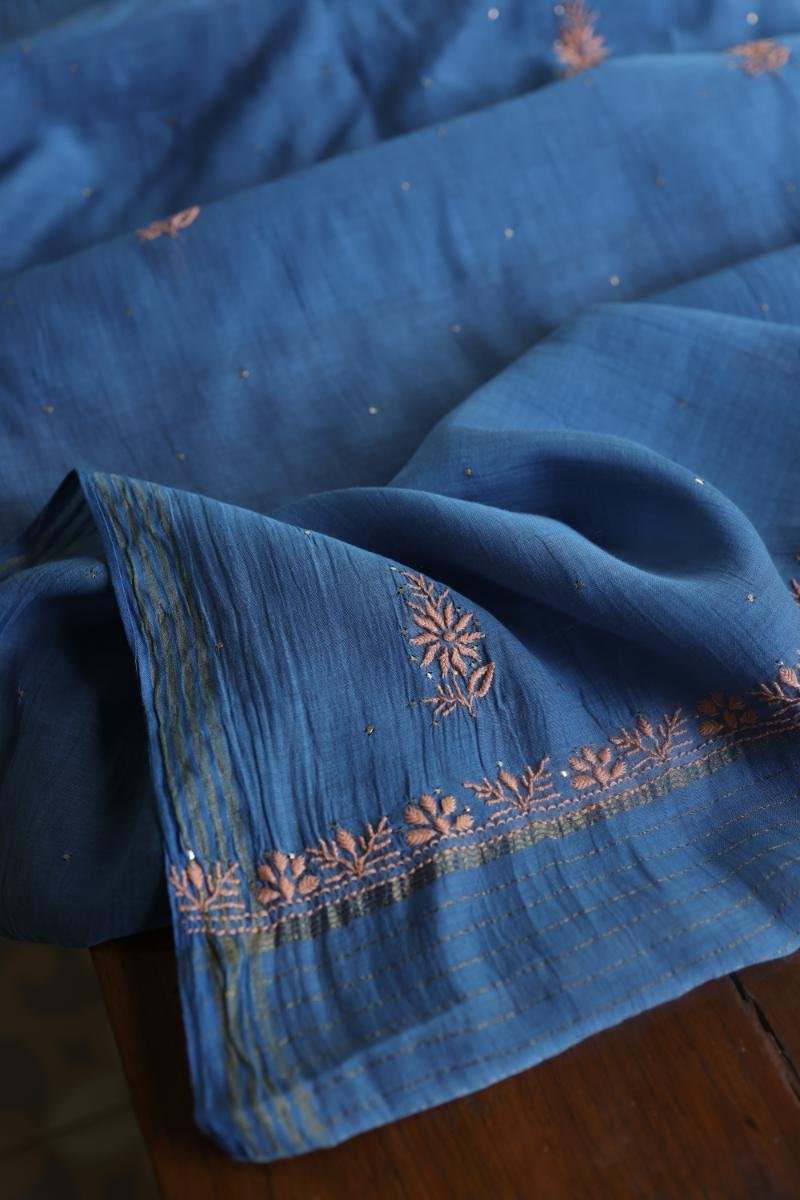 Silk Blue Mal Cotton Fine Chikankari With Kamdani Work Unstitched Fabric