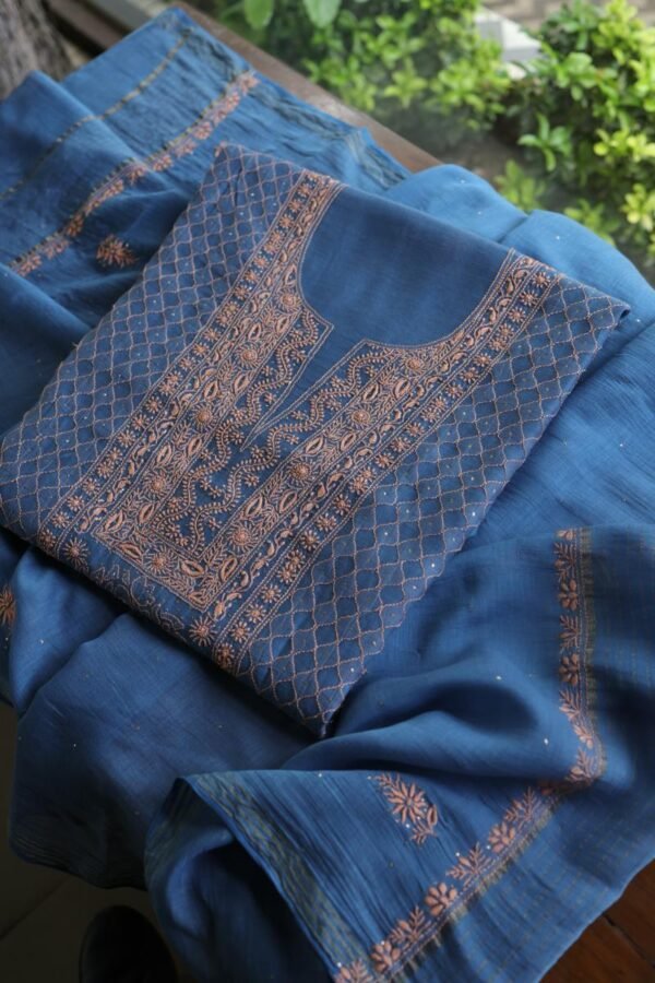 Silk Blue Mal Cotton Fine Chikankari With Kamdani Work Unstitched Fabric - Image 4