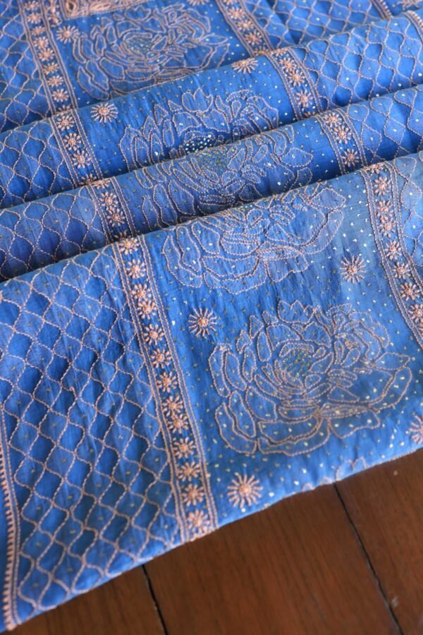 Silk Blue Mal Cotton Fine Chikankari With Kamdani Work Unstitched Fabric - Image 7
