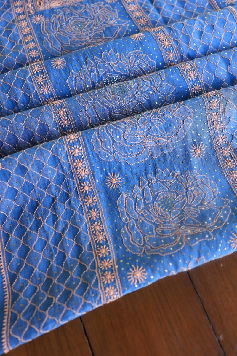 Silk Blue Mal Cotton Fine Chikankari With Kamdani Work Unstitched Fabric