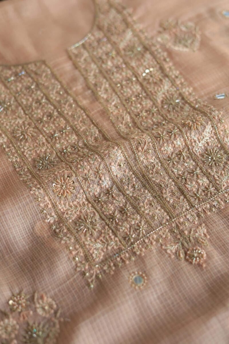 Peach Handloom Kota Chikankari With Mirror Work Unstitched Kurta Dupatta Set