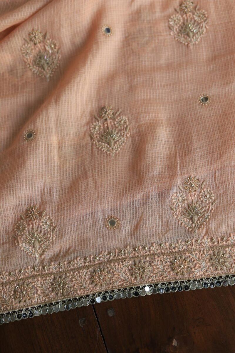 Peach Handloom Kota Chikankari With Mirror Work Unstitched Kurta Dupatta Set
