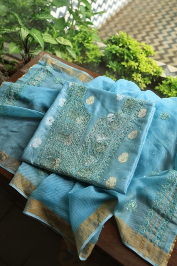 Sky Blue Banarasi Zari Chanderi Unstitched Chikankari Fabrics - Image 4