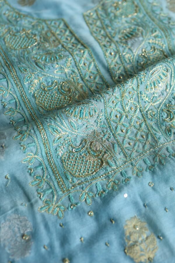 Sky Blue Banarasi Zari Chanderi Unstitched Chikankari Fabrics - Image 12