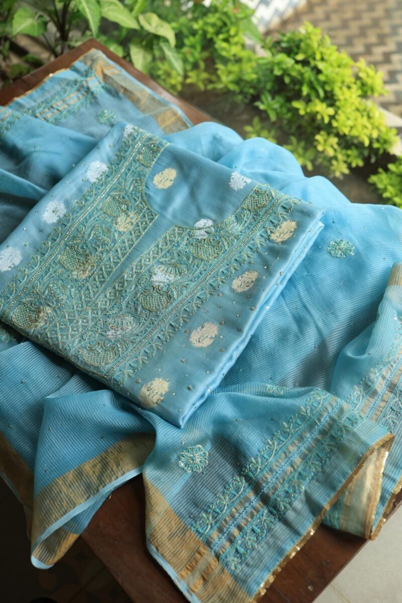 Sky Blue Banarasi Zari Chanderi Unstitched Chikankari Fabrics